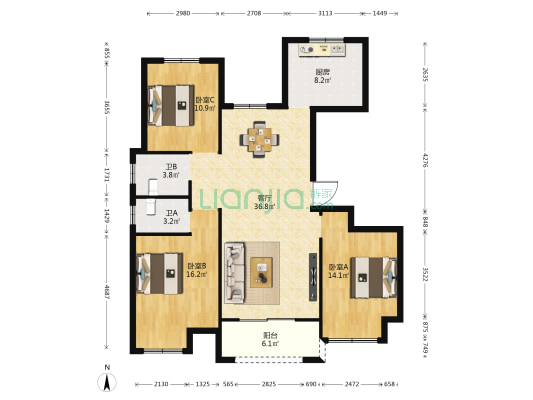 天鹅湖畔一期 3室1厅2卫 127平方