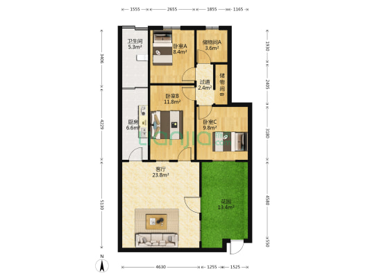 火电厂东家属院北楼 3室1厅1卫 46平方
