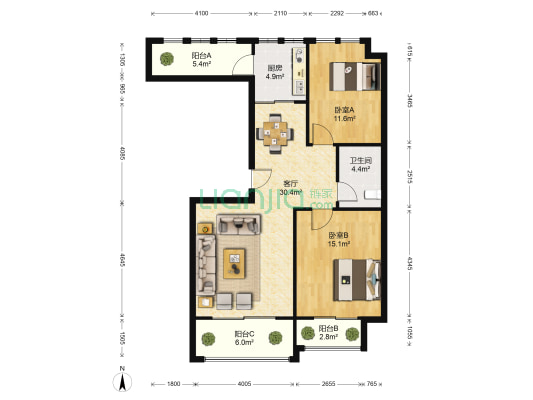 永润城市花园 2室1厅1卫 106平方