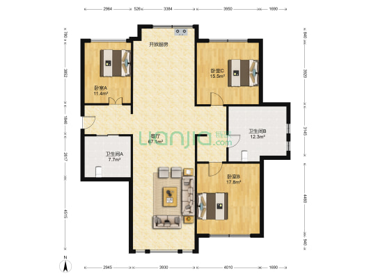 秀月麒林 3室1厅2卫 129平方