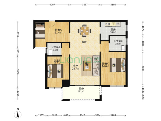 金叶名城 3室1厅2卫 96平方