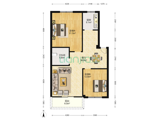 雅文 2室1厅1卫 108平方