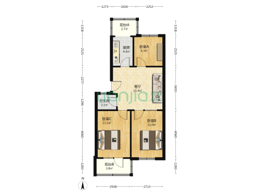 创新里南小区 3室1厅1卫 71平方