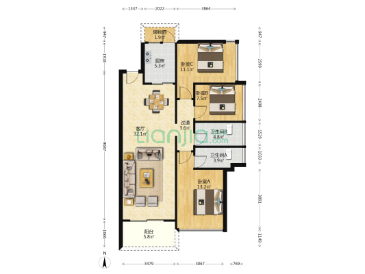 财信·半岛华庭 3室1厅2卫 106平方
