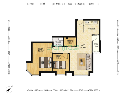 信和爱琴居 2室1厅1卫 77平方