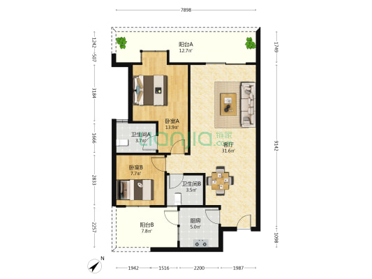 龙井桂苑 2室1厅2卫 92平方
