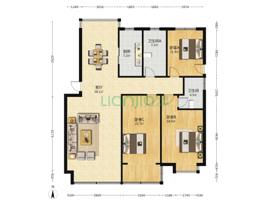 祥和花园 3室1厅2卫 153平方