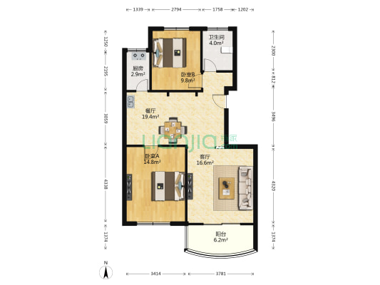 韵都城 2室2厅1卫 95平方