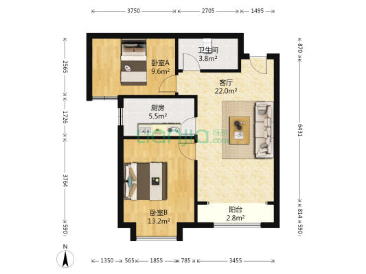 首创暖山 2室1厅1卫 82平方