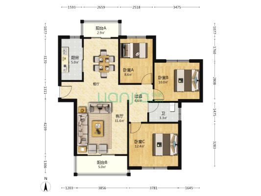 乔营还建房小区 3室1厅1卫 113平方