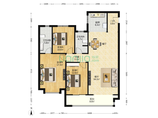 御湖蓝湾 3室1厅2卫 136平方