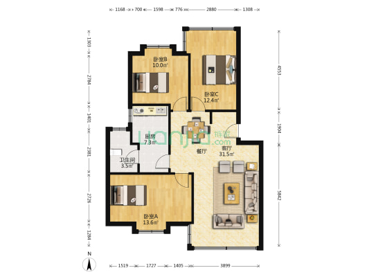 云龙苑 3室1厅1卫 86平方