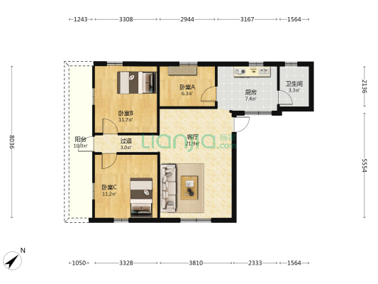 东升直街（南海） 3室1厅1卫 84平方