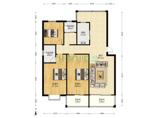 财富广场 3室1厅2卫 143平方