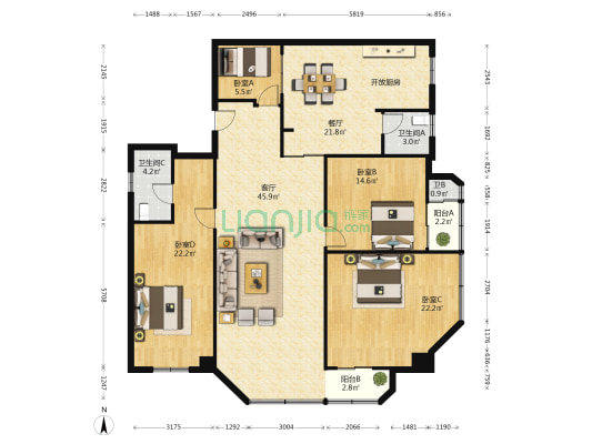汇成商业中心 4室2厅3卫 174平方