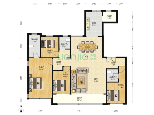 保利天禧园二区 4室1厅3卫 186平方