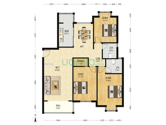 东方巴黎公寓 3室1厅2卫 144平方