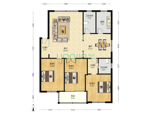 石门路60号 3室2厅2卫 155平方