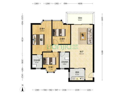 东庭濠园 3室1厅2卫 91平方