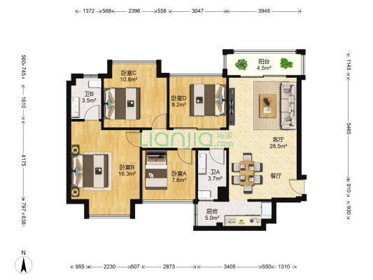 万汇华府 4室1厅2卫 106平方
