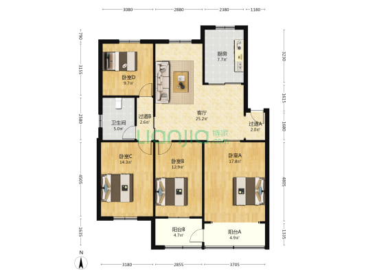 市级机关八家巷住宅小区47号院 4室1厅1卫 120平方