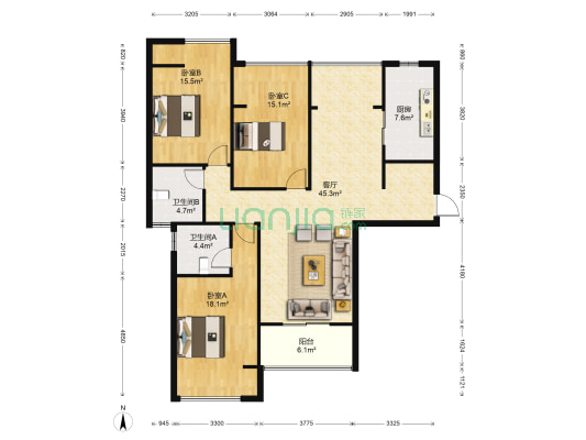 中盈国际广场 3室1厅2卫 125平方