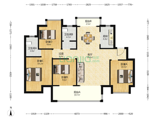 一德书香上园 4室1厅2卫 117平方
