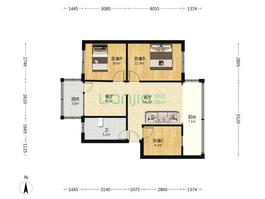 云南省地矿测绘院宿舍 3室2厅1卫 66平方