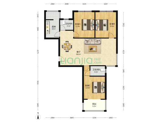 润鑫花园 3室1厅2卫 122平方