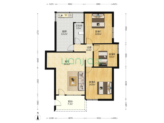 供电宿舍 3室1厅1卫 90平方
