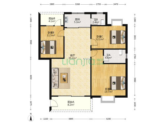 盈彩花园 3室1厅2卫 118平方