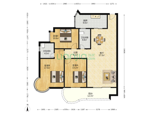 时代雅苑 3室1厅2卫 135平方