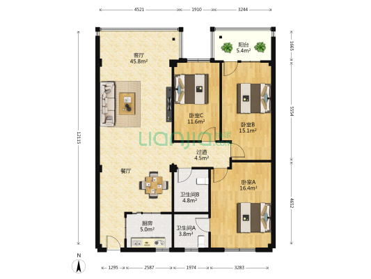 鹭洲花园 3室1厅2卫 128平方