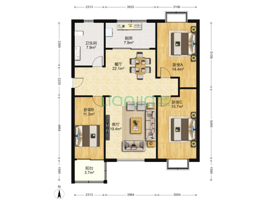 恒泰商城 3室2厅1卫 131平方