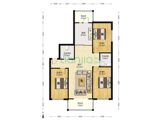 黑大芳洲园 3室1厅2卫 150平方
