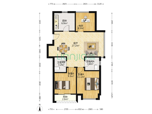 旭辉贤君庭 3室1厅2卫 88平方