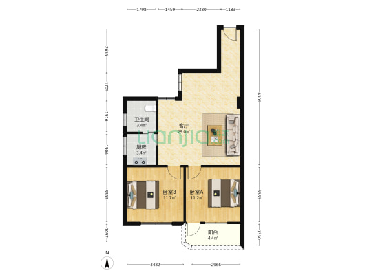 冶炼厂宿舍 2室1厅1卫 75平方