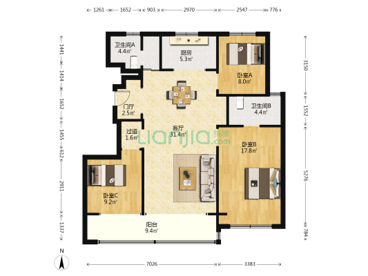 越秀麓端府 3室1厅2卫 125平方