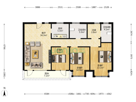 华发和平首府 3室1厅2卫 127平方