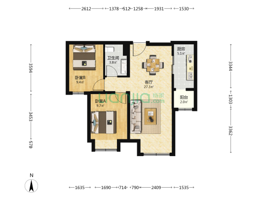 康营家园四期A区 2室1厅1卫 92平方