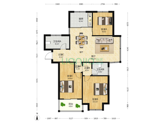 景乐丽都 3室1厅2卫 126平方