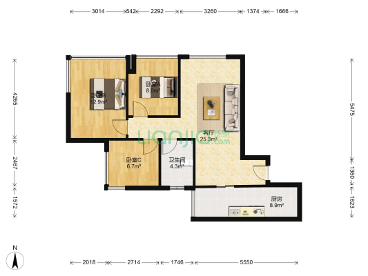 蓝光金悦天娇 3室1厅1卫 77平方