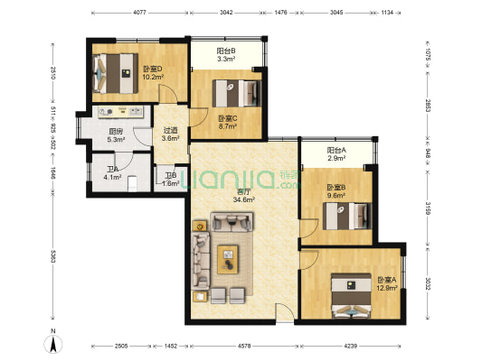 歇台子 4室1厅2卫 126平方