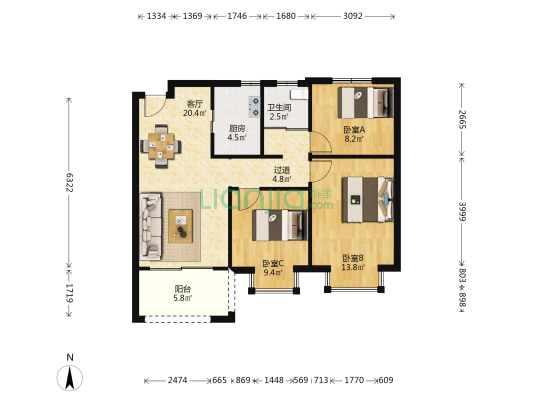 碧桂园中江温泉城A区 3室1厅1卫 88平方