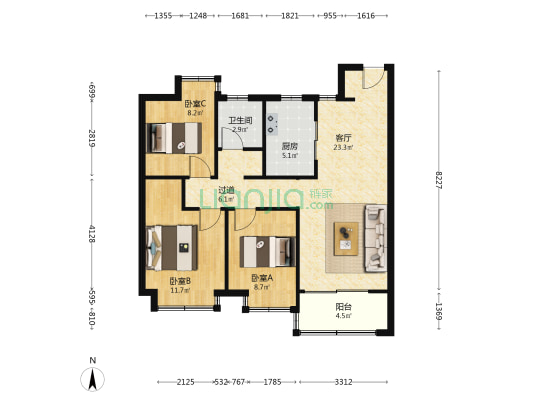 港龙天利棠玥府 3室1厅1卫 89平方
