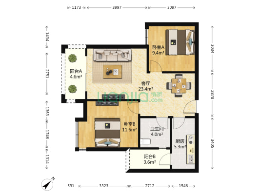 蓝光金楠府 2室1厅1卫 77平方