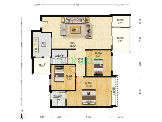 南山诗意 3室1厅2卫 123平方