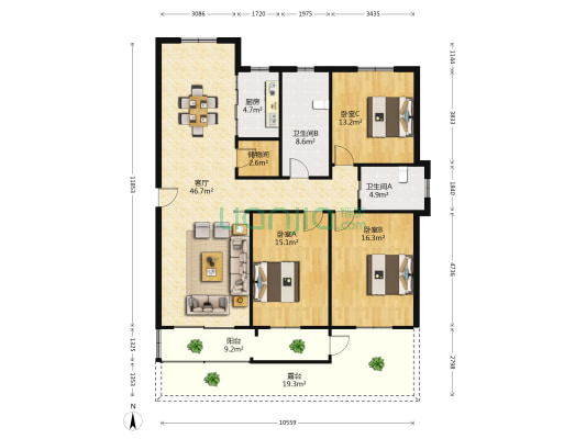 邮电东路 3室1厅2卫 141平方