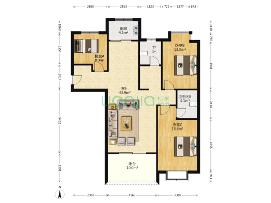 锦华名郡 3室1厅2卫 125平方
