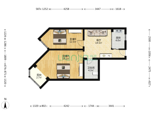 前门西大街97号院 2室1厅1卫 74平方